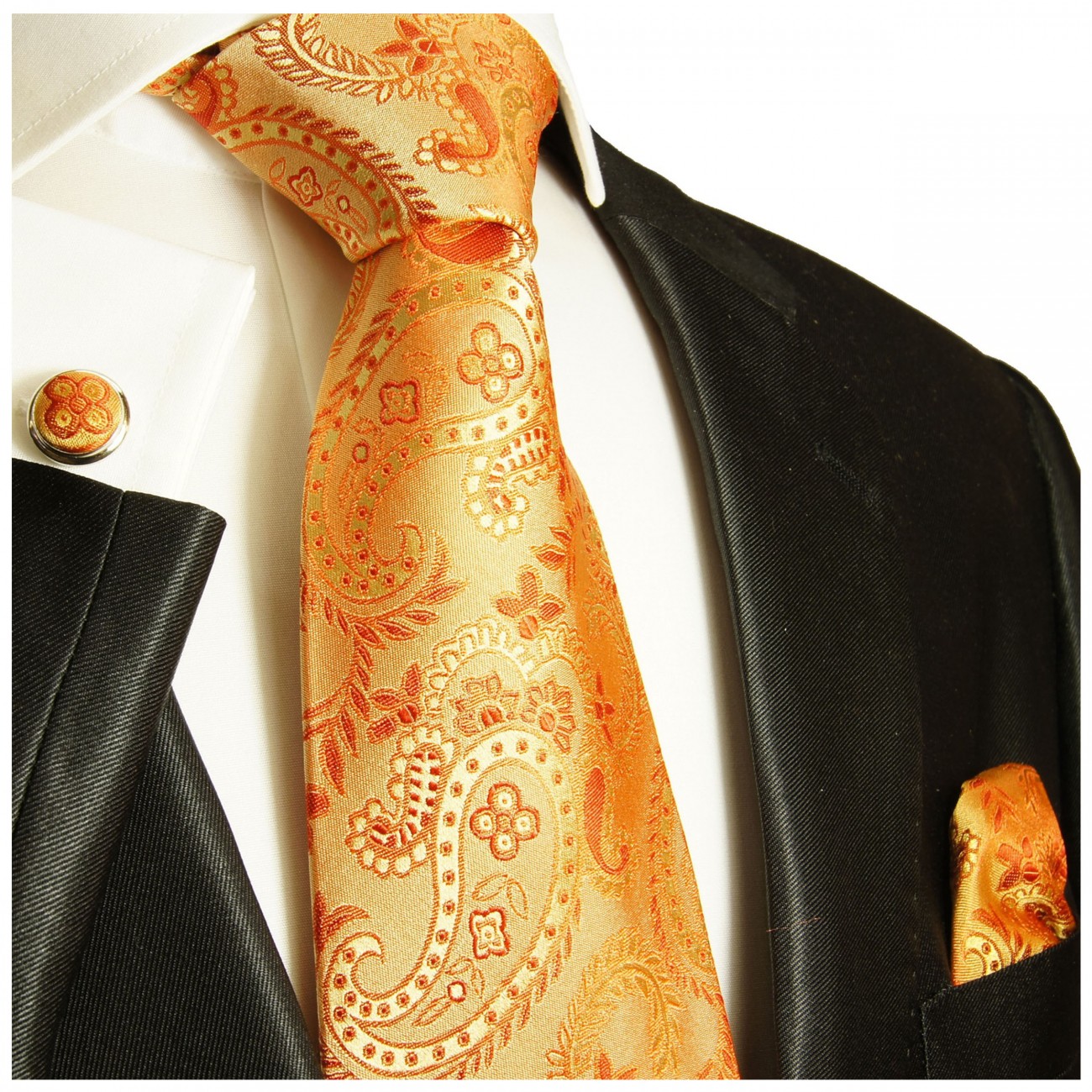 Krawatte orange paisley mit Einstecktuch und Manschettenknöpfe