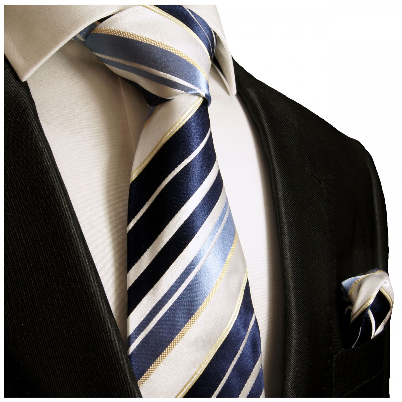 Krawatte blau weiss gestreift mit Einstecktuch Seide 924