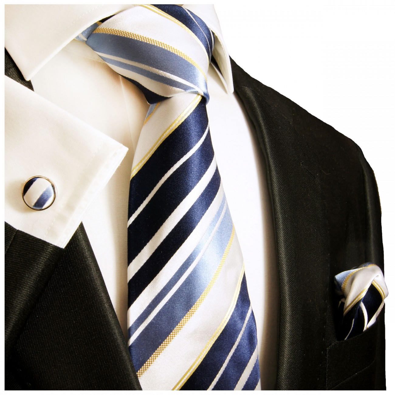 Krawatte blau weiss gestreift mit Einstecktuch und Manschettenknöpfe Seide 924