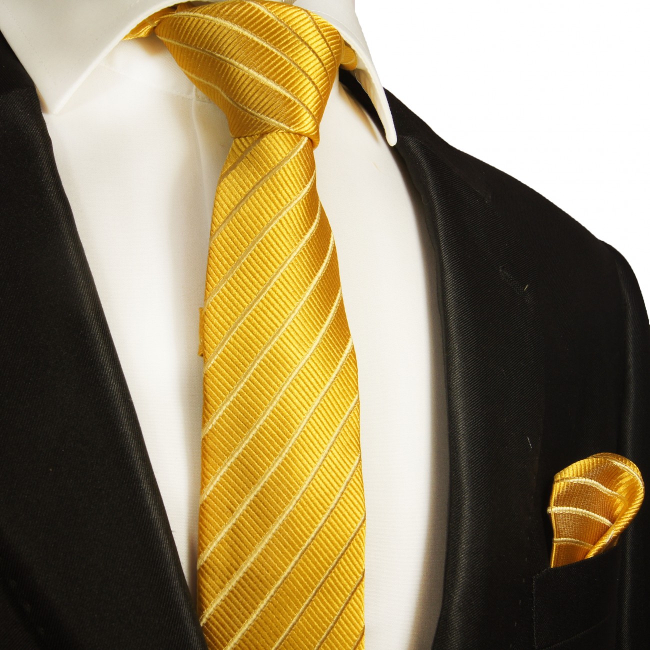 Krawatte schmal gold gestreift mit Einstecktuch