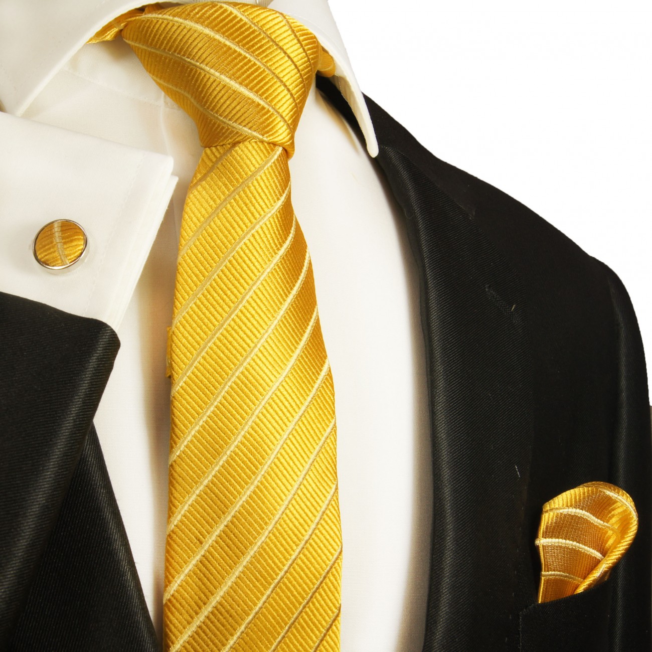 Krawatte schmal gold gestreift mit Einstecktuch und Manschettenknöpfe