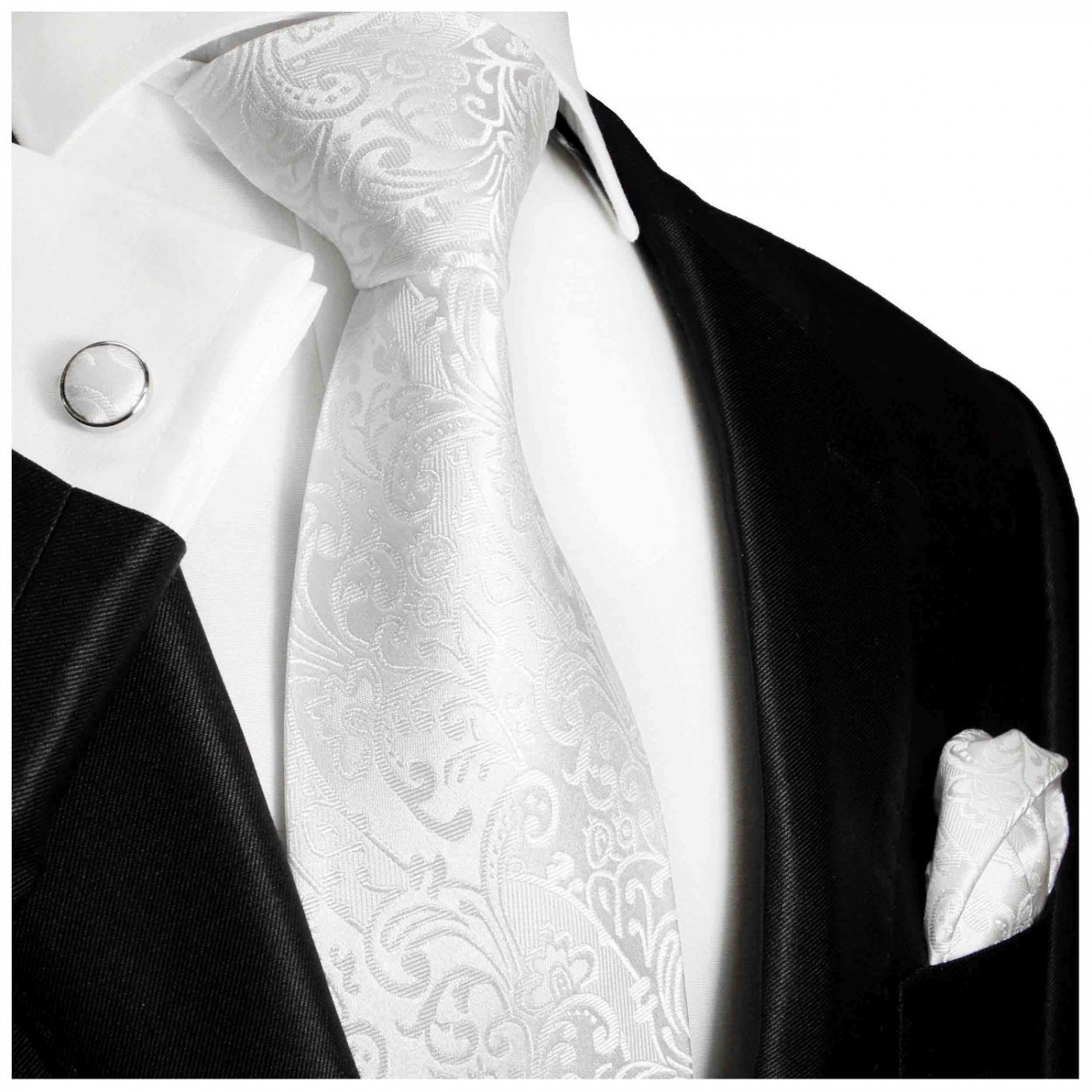 Krawatte weiß uni barock Seide mit Einstecktuch und Manschettenknöpfen