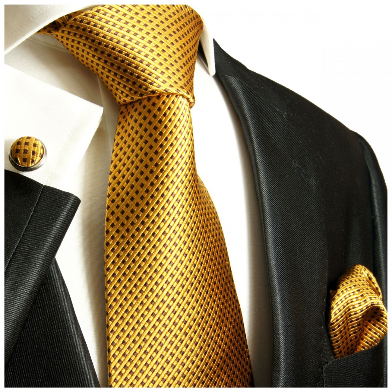 Krawatte gold braun mit Einstecktuch und Manschettenknöpfe