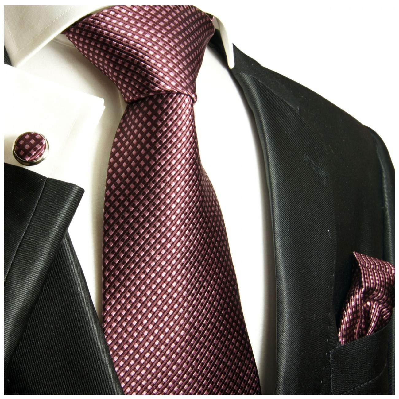 Krawatte Malve mauve pink gepunktet Seide mit Einstecktuch und Manschettenknöpfe