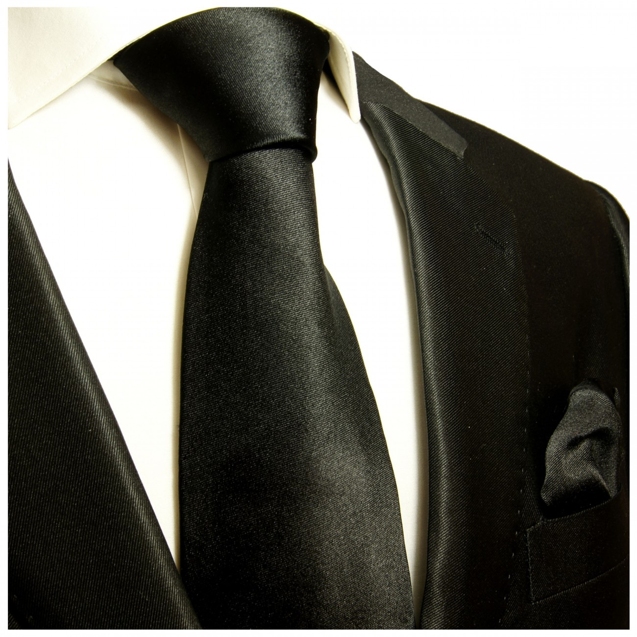 Krawatte schwarz uni satin Seide mit Einstecktuch