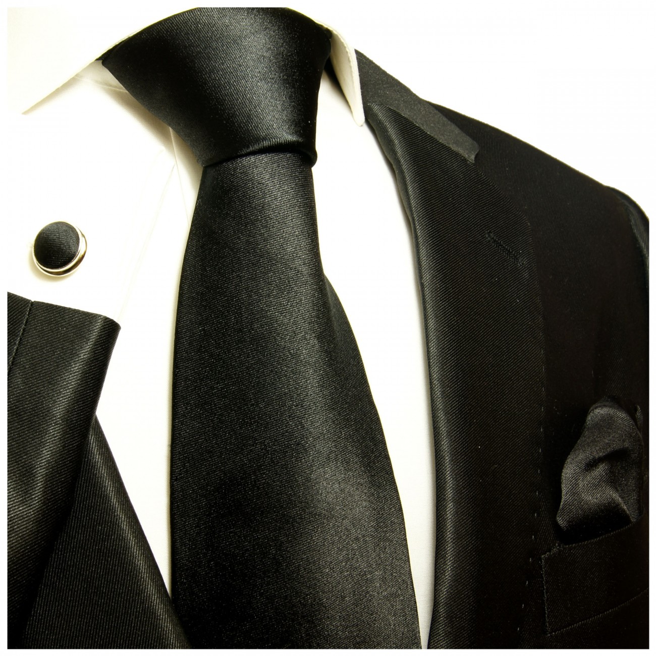Krawatte schwarz uni satin Seide mit Einstecktuch und Manschettenknöpfe