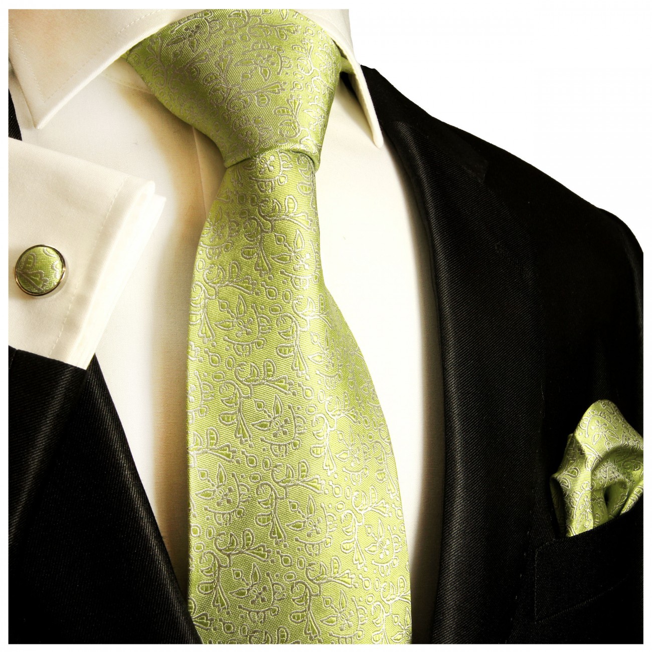 Krawatte grün floral mit Einstecktuch und Manschettenknöpfe