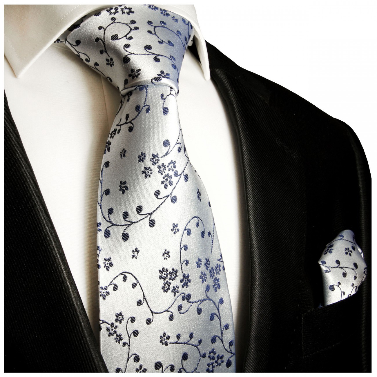 Extra lange Krawatte 165cm - Krawatte Überlänge - silber blau floral