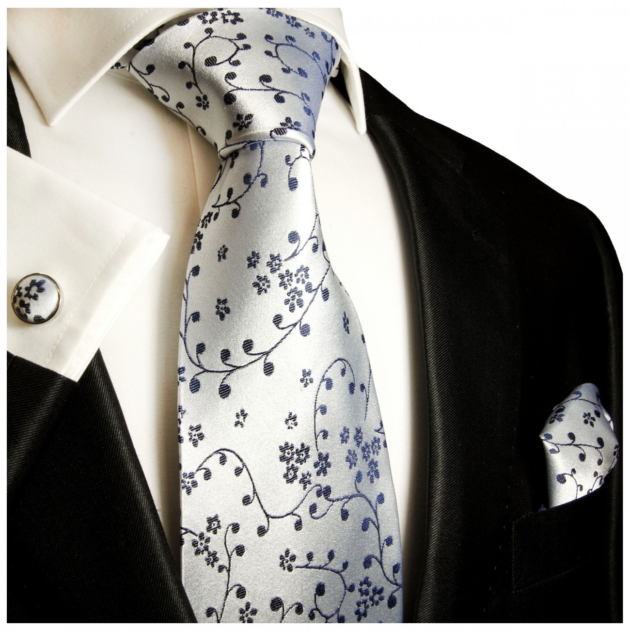 Krawatte silber blau geblümt mit Einstecktuch und Manschettenknöpfen 974