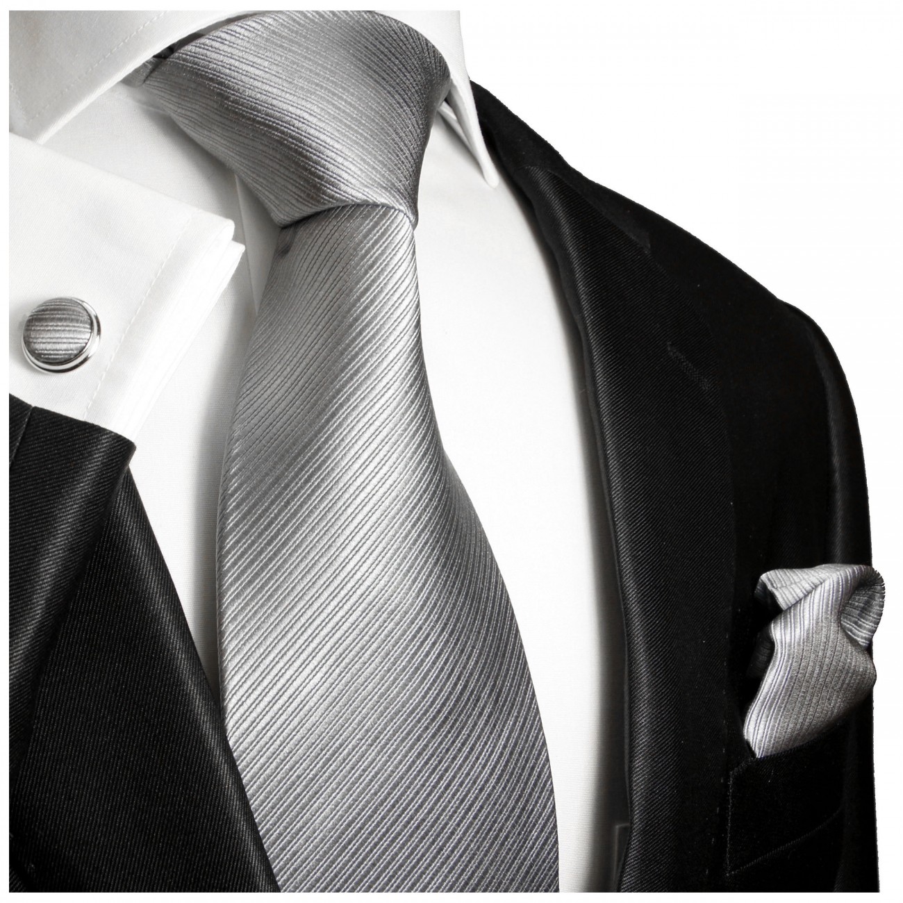 Krawatte silber grau uni Seide mit Einstecktuch und Manschettenknöpfe