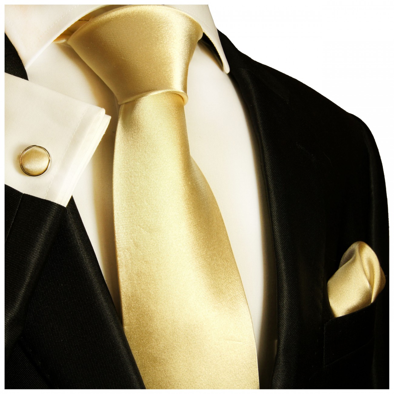 Krawatte gold uni satin mit Einstecktuch und Manschettenknöpfe