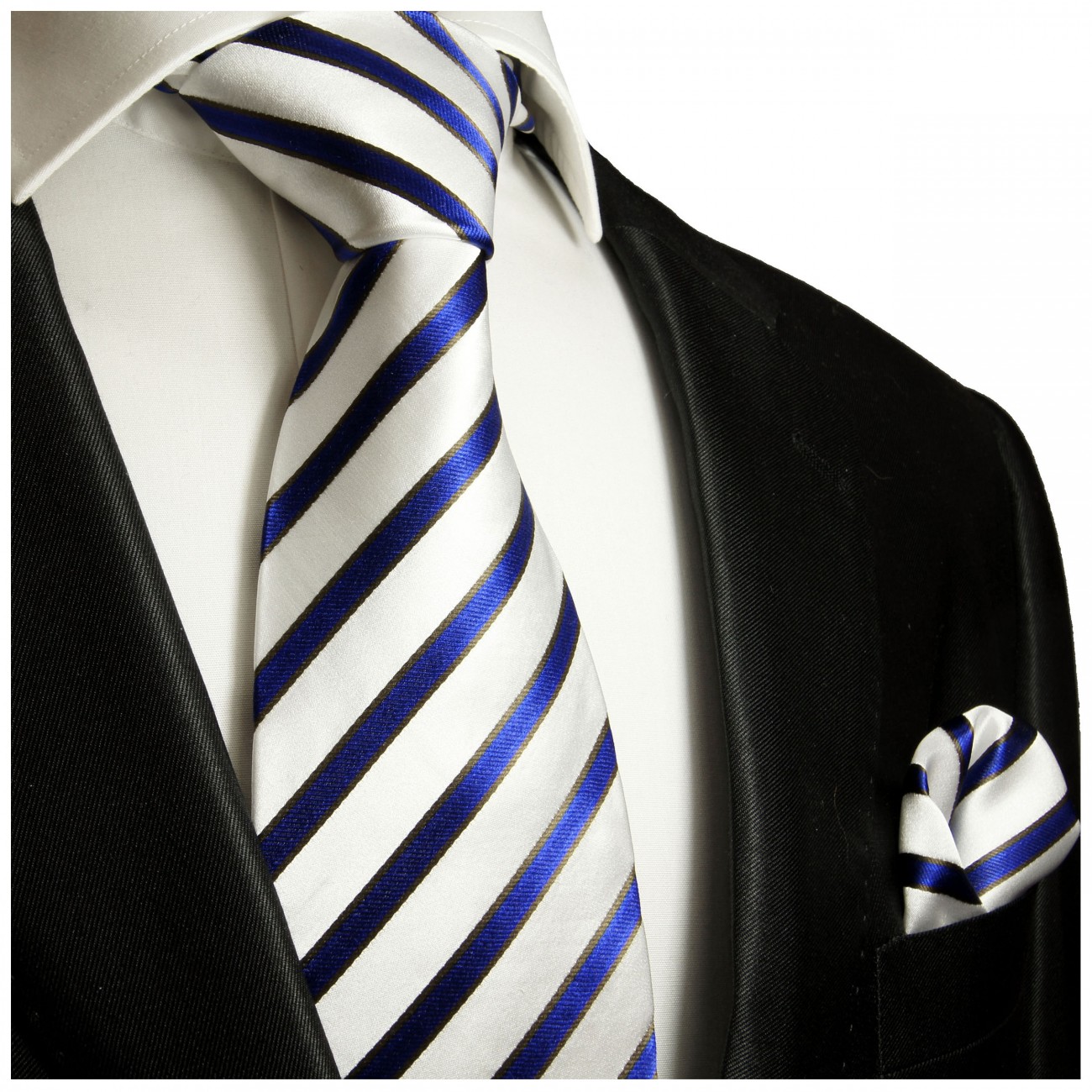 Krawatte blau weiss gestreift mit Einstecktuch Seide 985