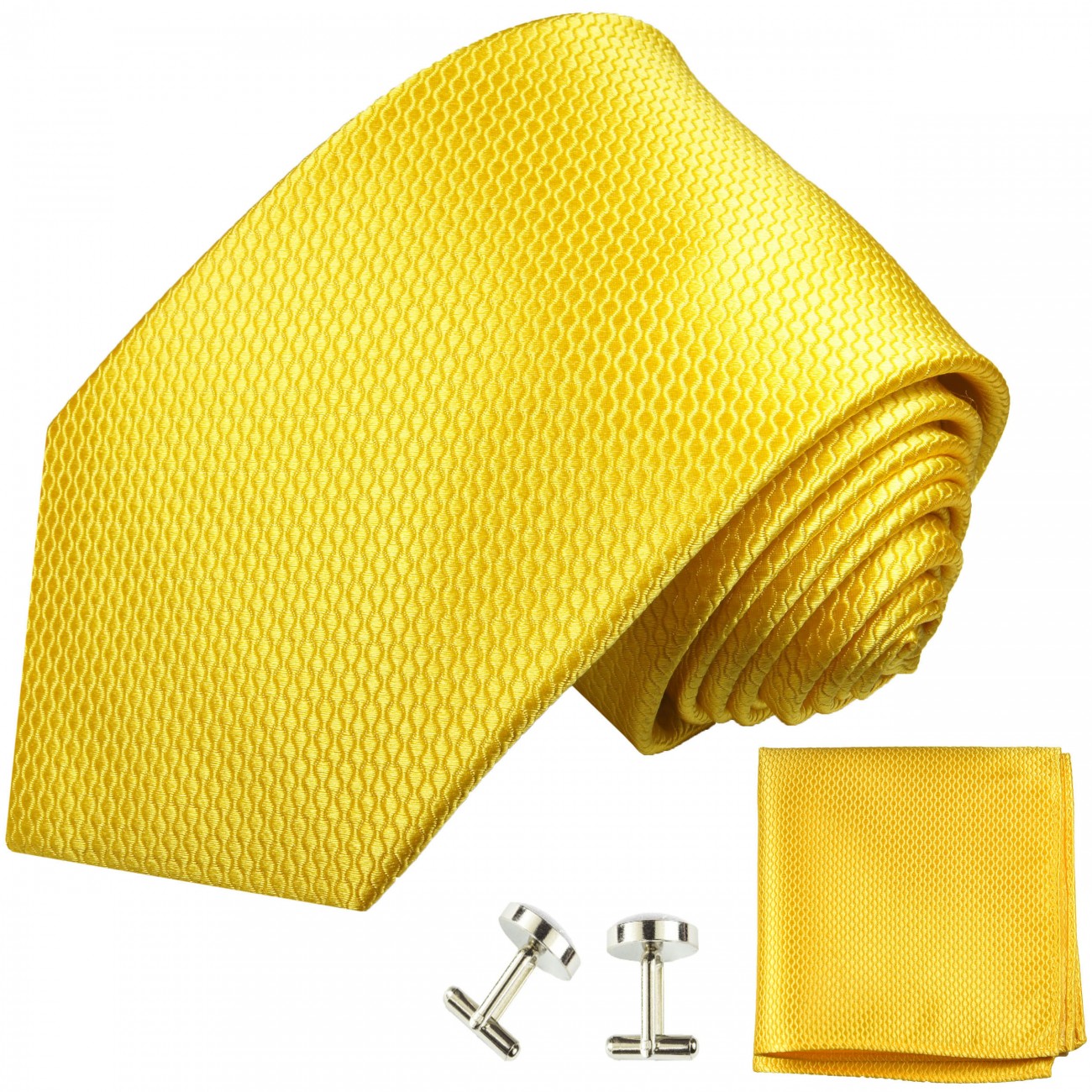 Krawatte gelb uni mit Einstecktuch und Manschettenknöpfe