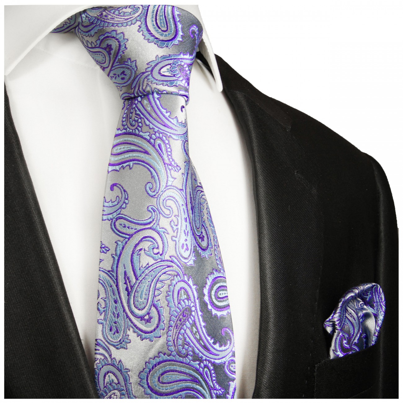 Krawatte lila violett silber paisley Seide mit Einstecktuch