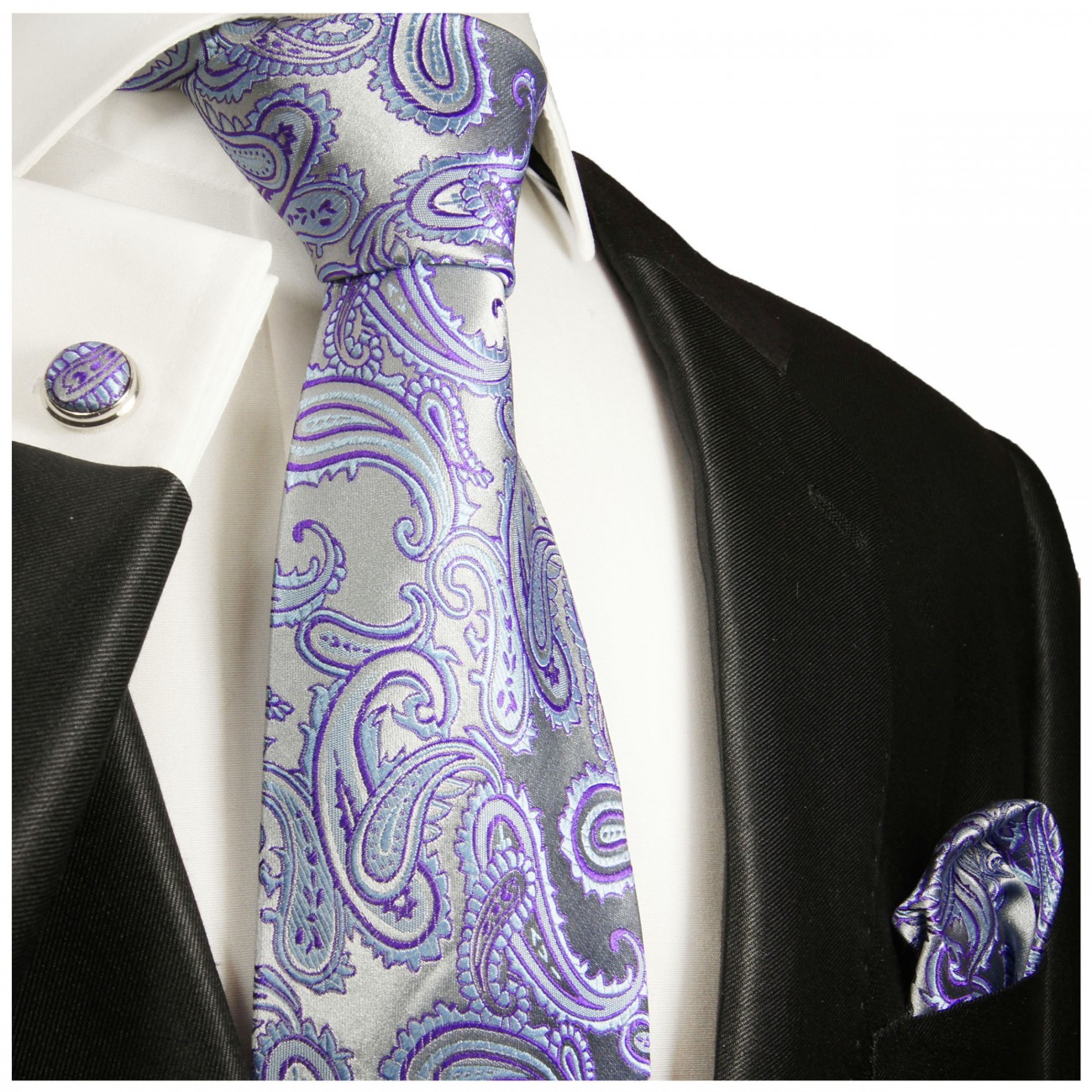 Krawatte lila violett silber paisley Seide mit Einstecktuch und Manschettenknöpfen