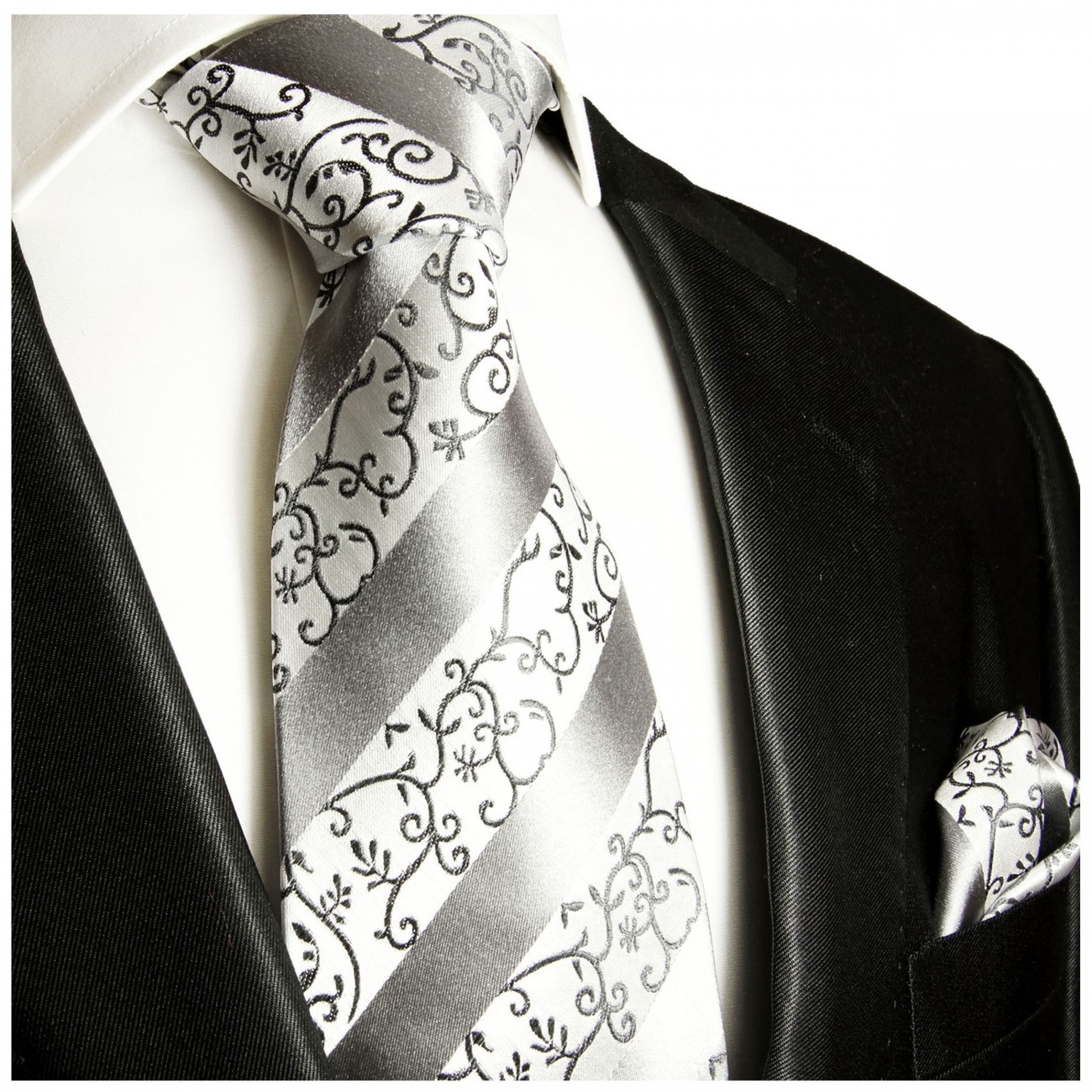 Krawatte silber barock gestreift Seide mit Einstecktuch
