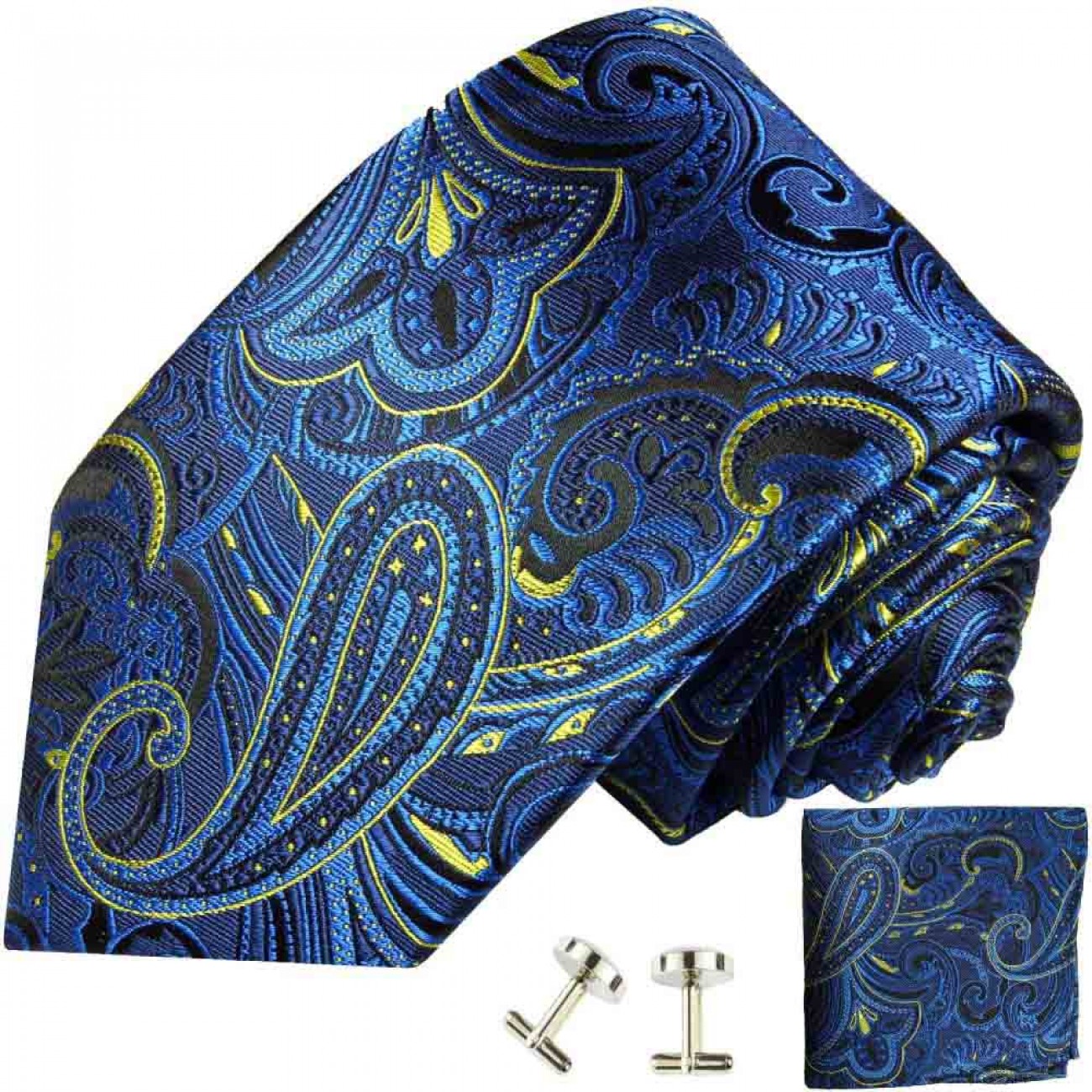 Herren Krawatte Blau Gold Seidenkrawatte Einstecktuch Manschettenknöpfe Set Tie 