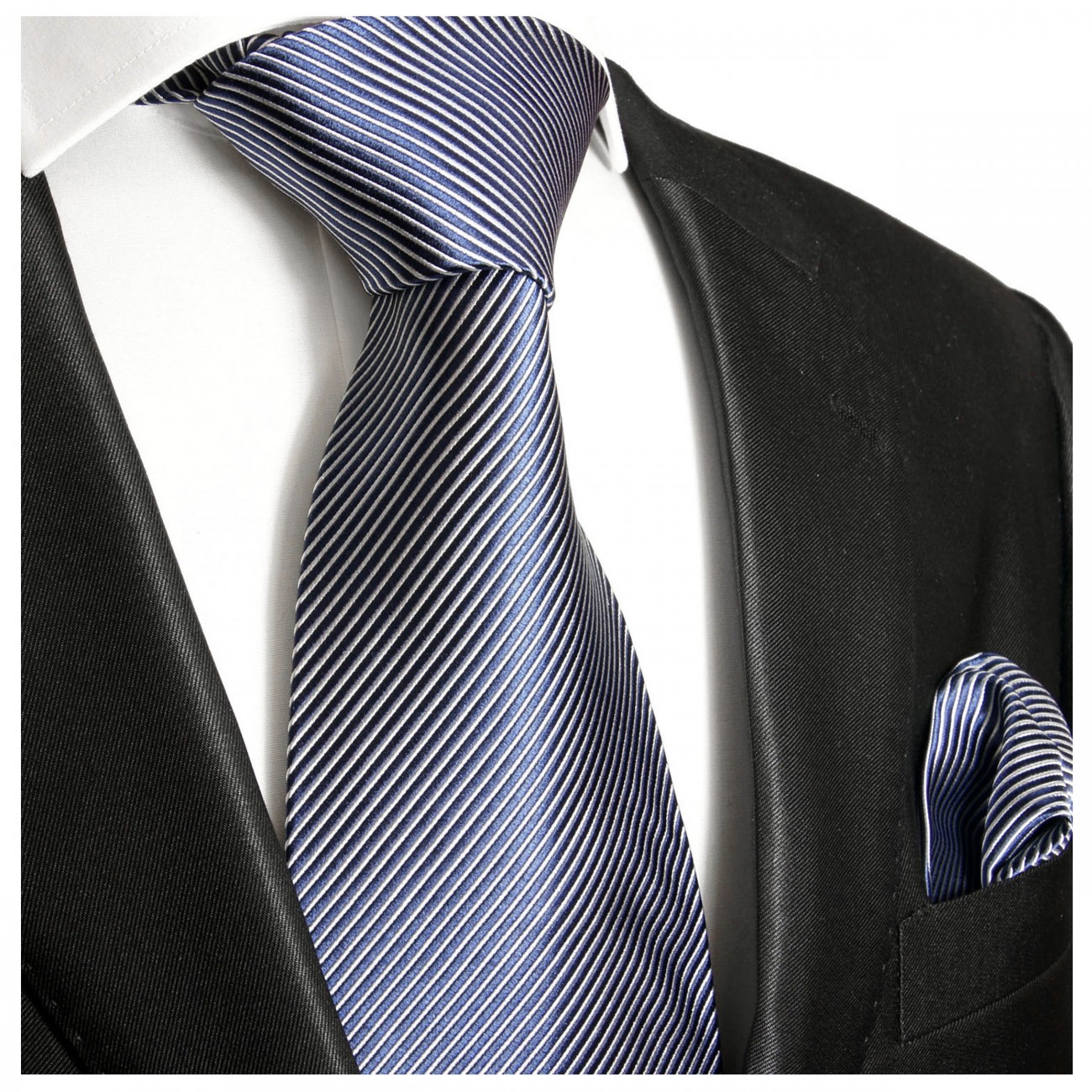 Krawatte blau mit Einstecktuch gestreift Seide 519