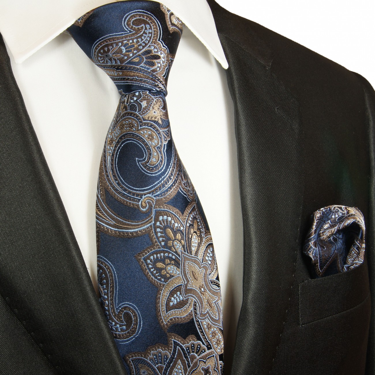 Krawatte blau braun gold mit Einstecktuch paisley Seide 2043