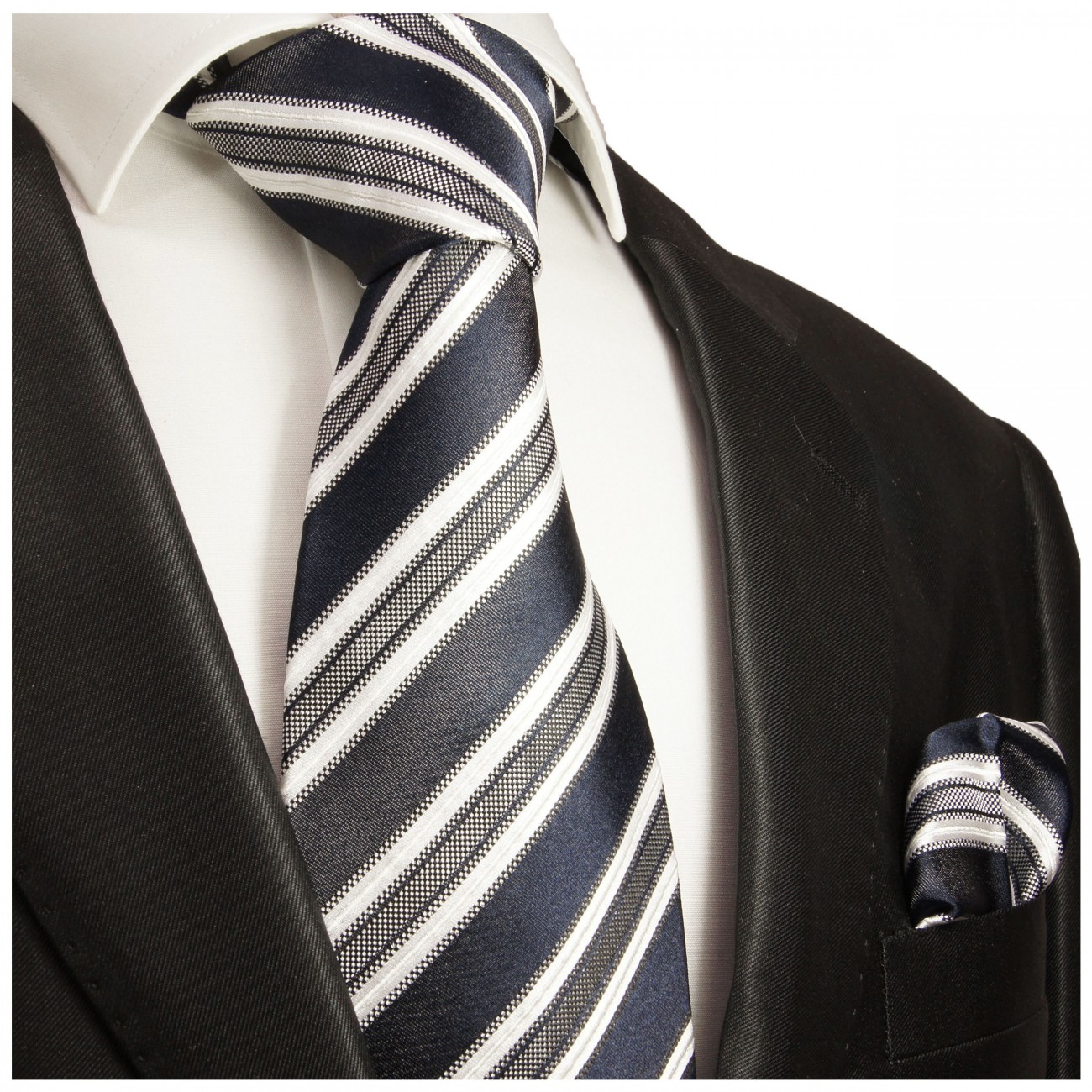 Krawatte dunkelblau mit Einstecktuch gestreift 437