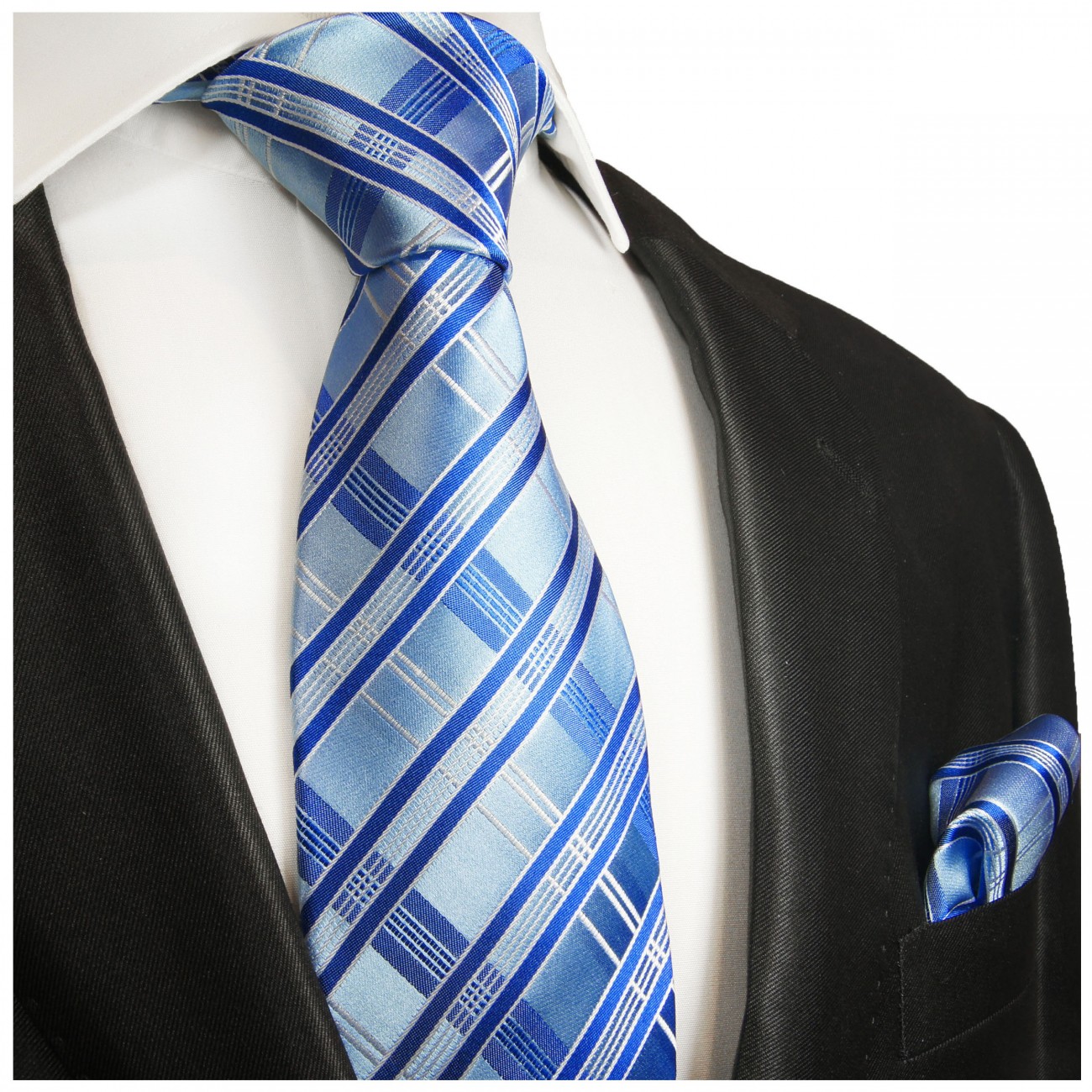 Krawatte hellblau und dunkelblau mit Einstecktuch gestreift 2018