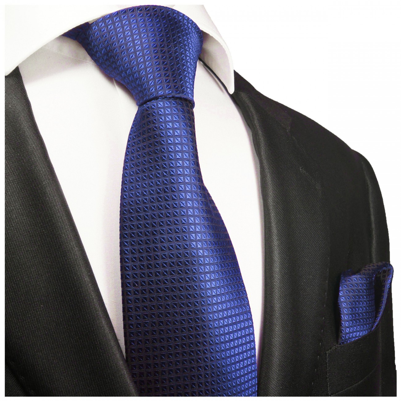 Krawatte royal blau mit Einstecktuch fein kariert 2048