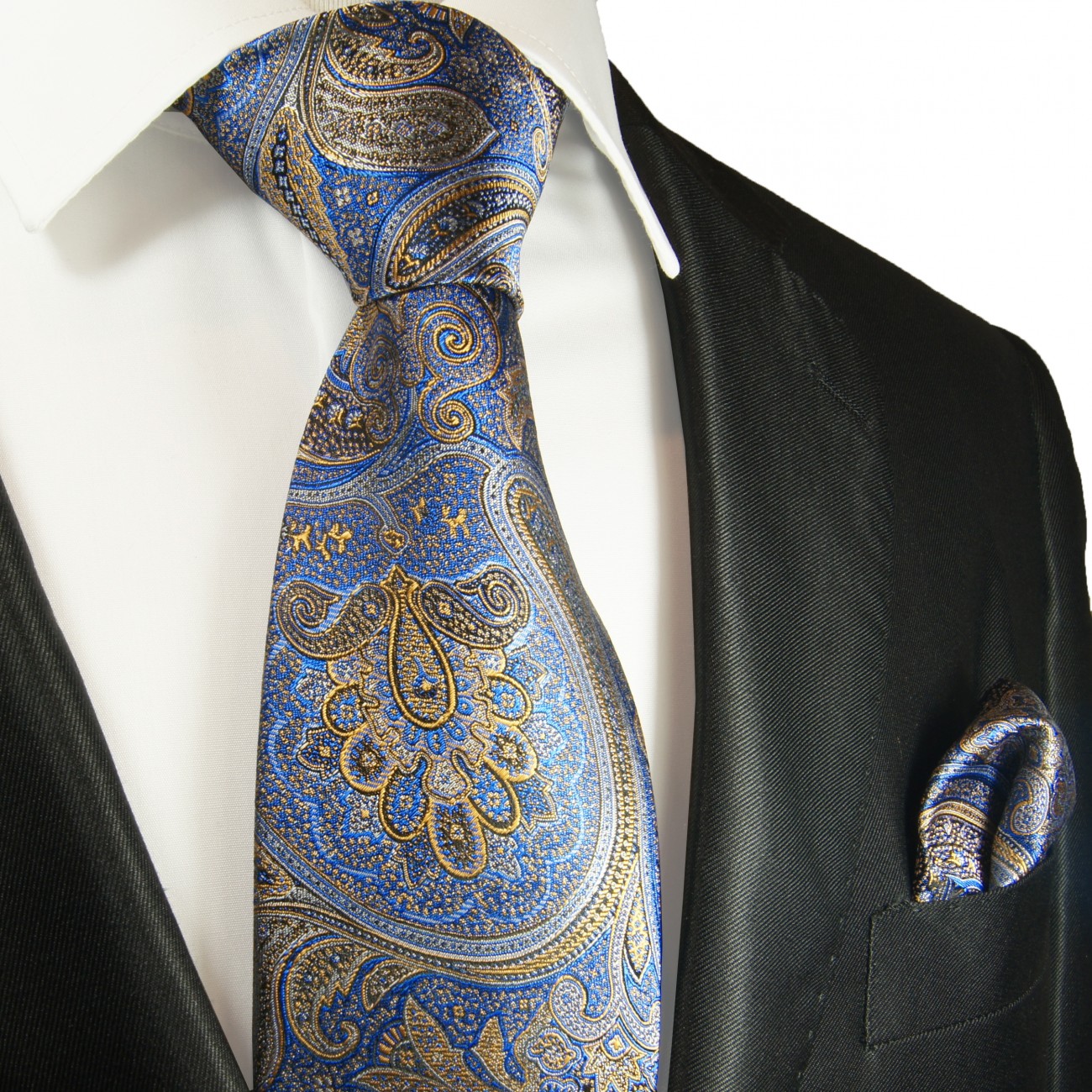 Krawatte blau mit Einstecktuch gold paisley brokat 2094