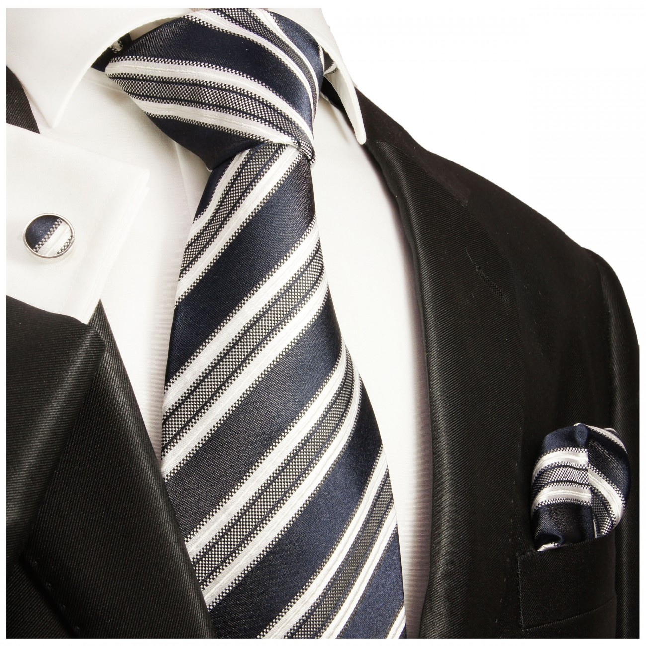 Krawatte dunkelblau mit Einstecktuch und Manschettenknöpfe gestreift 437