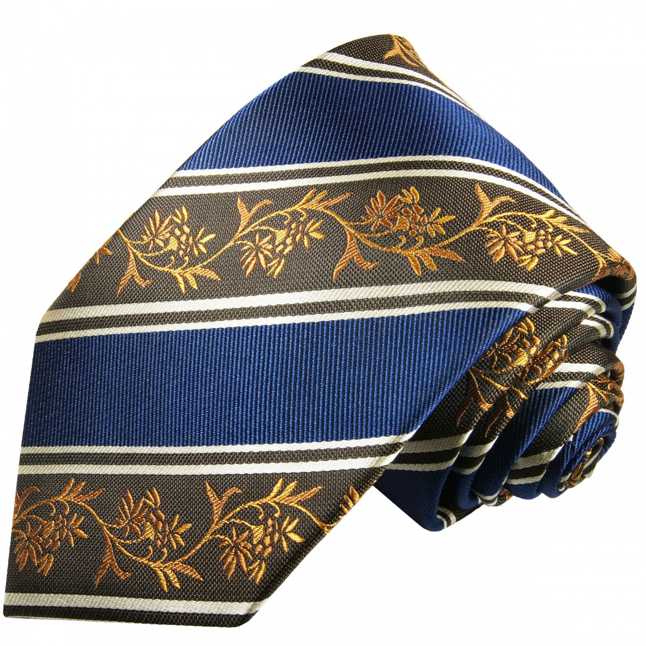 Krawatte blau gold braun geblümt gestreift Seide 390