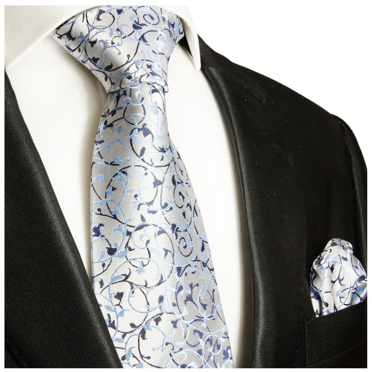 Krawatte silber blau geblümt mit Einstecktuch Seide 907