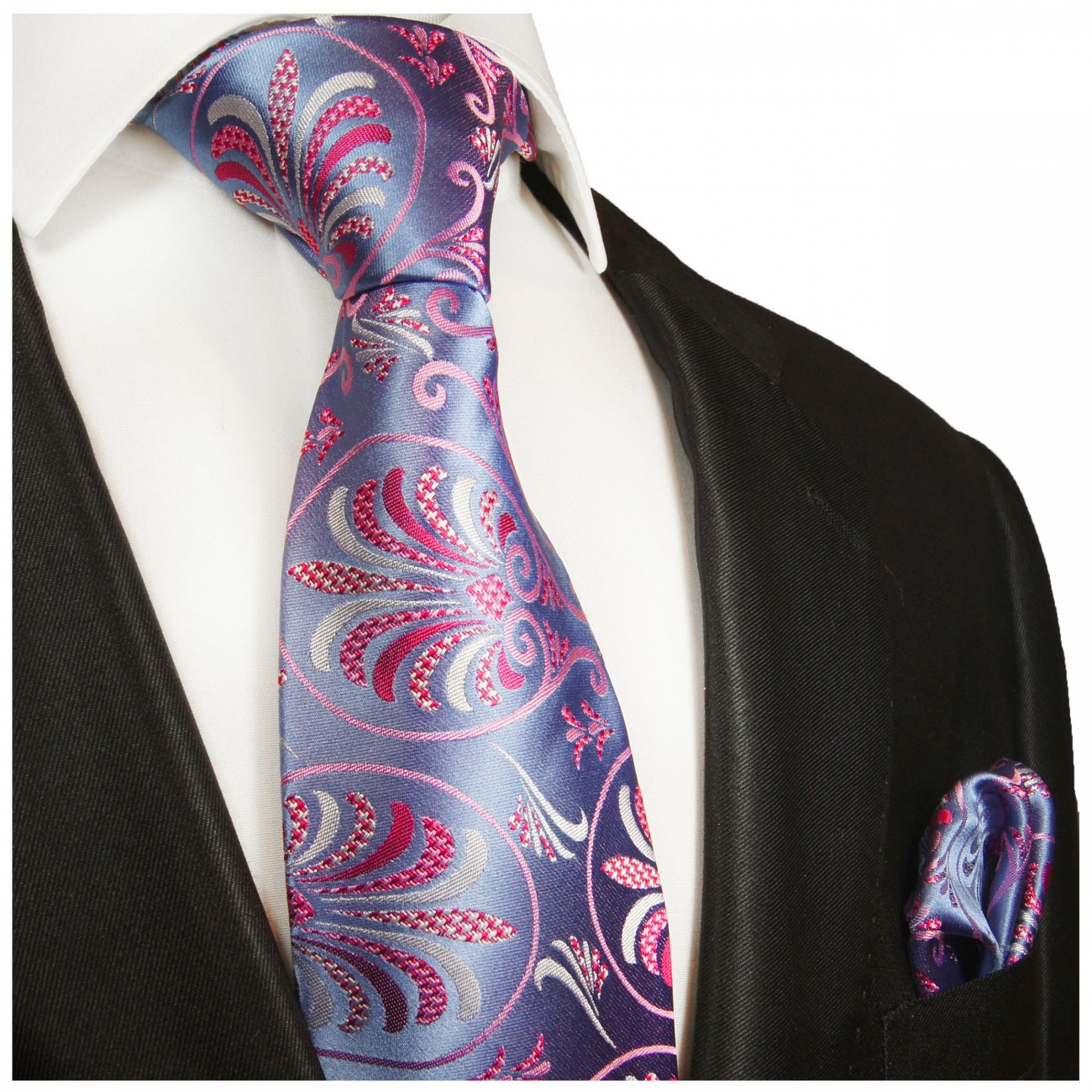 Krawatte blau pink mit Einstecktuch geblümt 1011