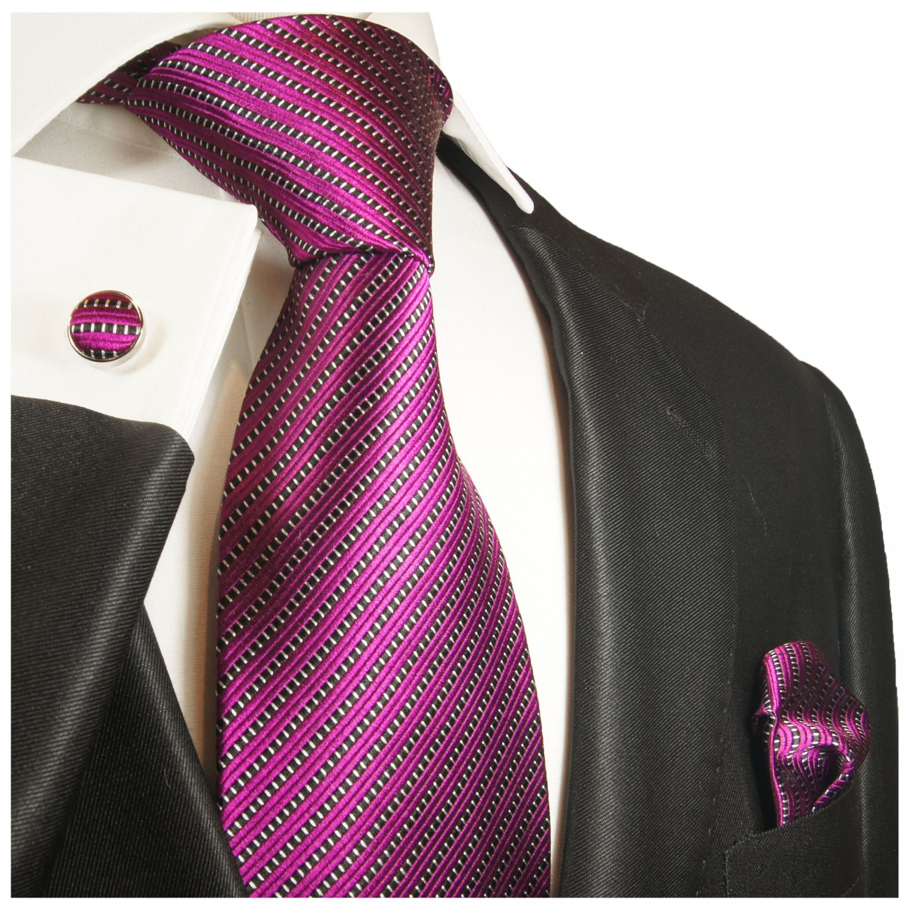 Krawatte fuchsia gestreift Seide mit Einstecktuch und Manschettenknöpfe
