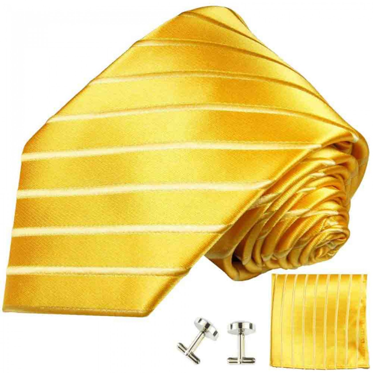 Krawatte gelb gold gestreift Seidenkrawatte - Seide - Krawatte mit Einstecktuch und Manschettenknöpfe