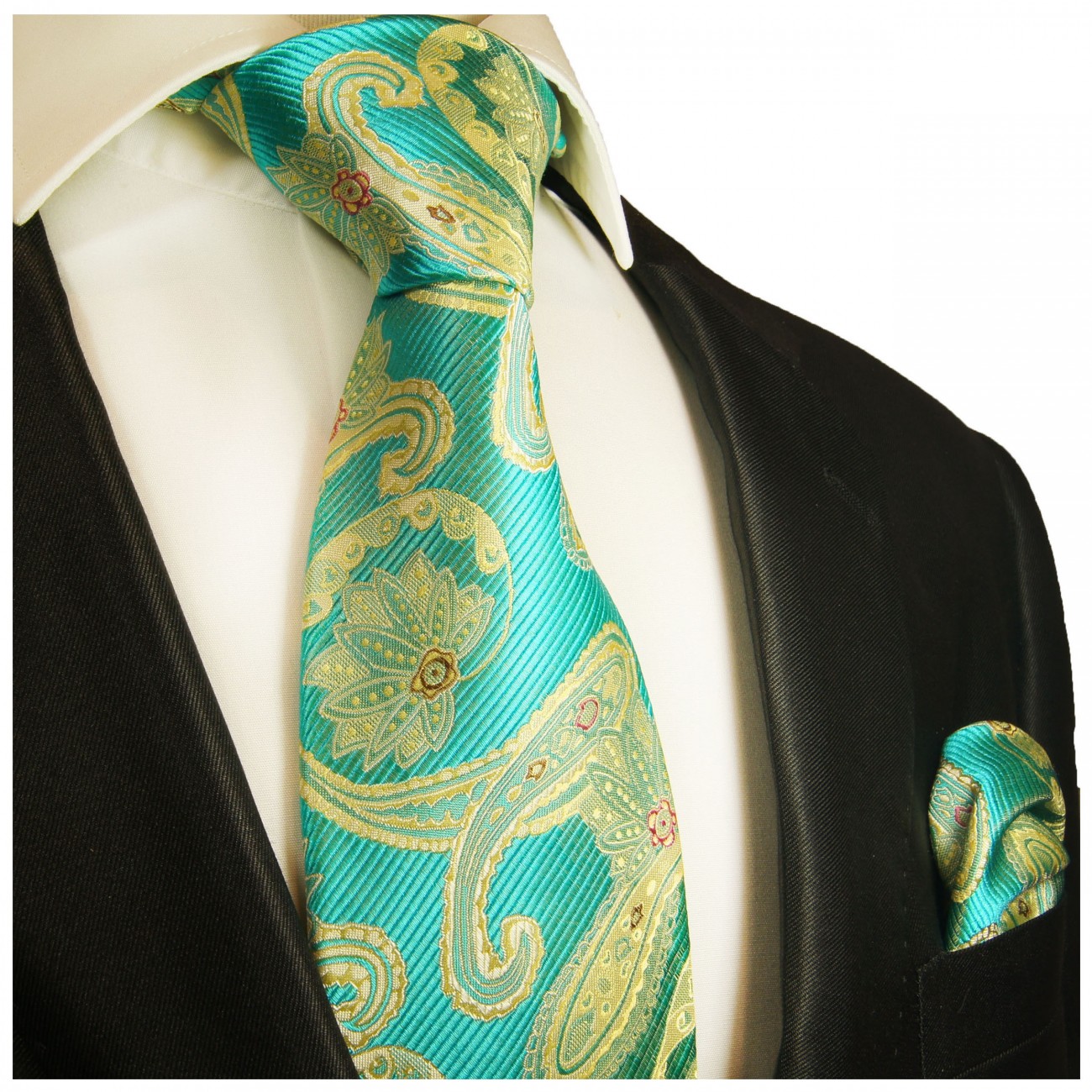 Krawatte türkis mit Einstecktuch gelb paisley brokat 2024