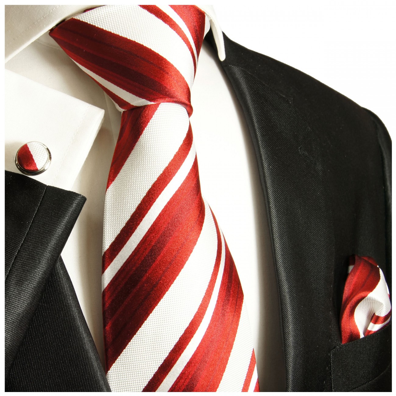 Krawatte rot weiß gestreift mit Einstecktuch und Manschettenknöpfe