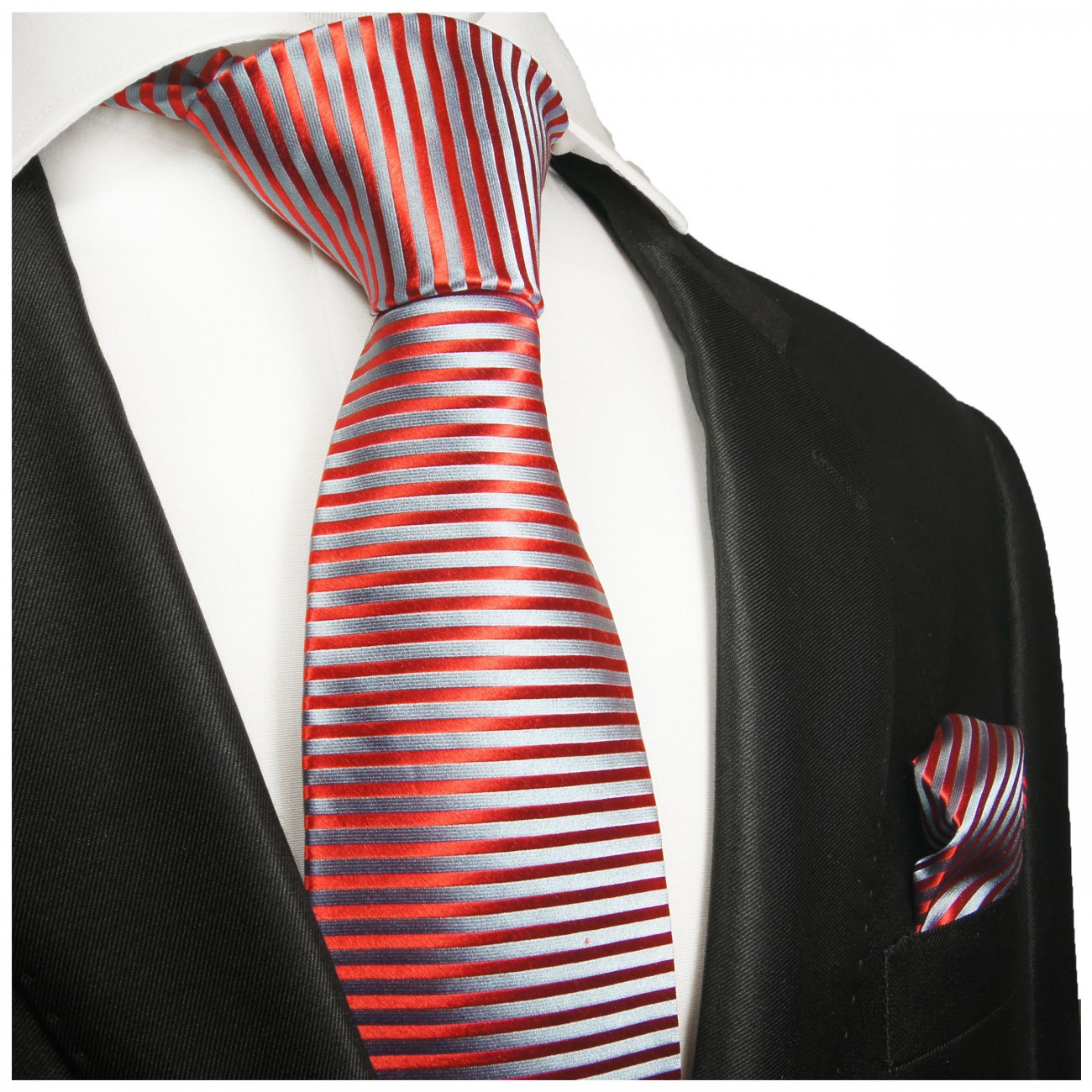 Krawatte rot blau mit Einstecktuch fein gestreift 2004