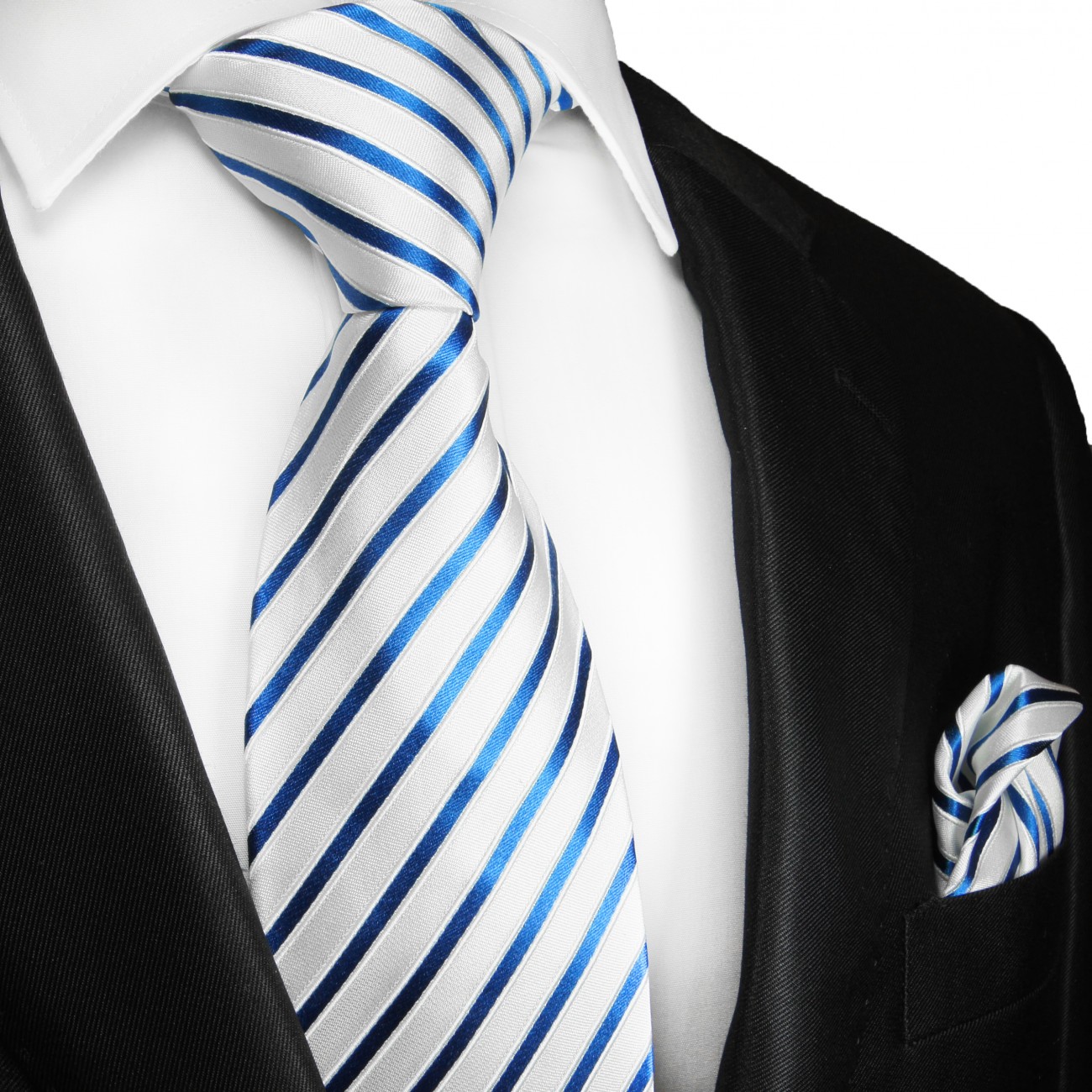 Krawatte blau weiss gestreift mit Einstecktuch Seide 2105