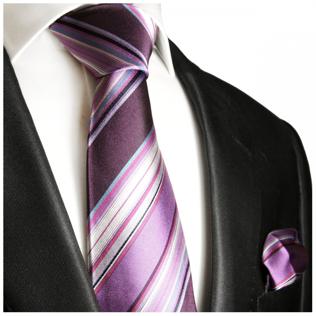 Krawatte lila violett gestreift Seide mit Einstecktuch