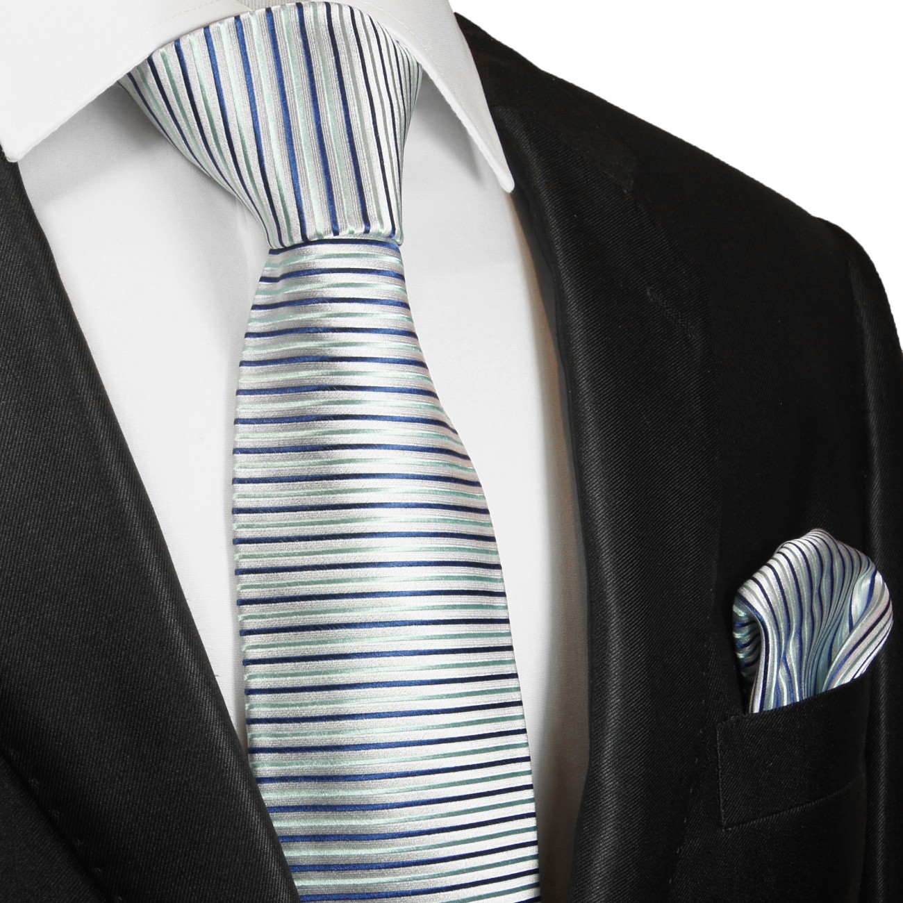 Krawatte silber blau quer gestreift mit Einstecktuch 429