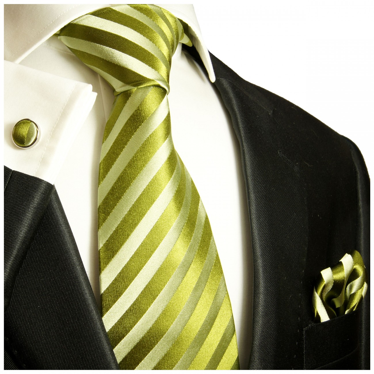 Krawatte grün gestreift mit Einstecktuch und Manschettenknöpfe