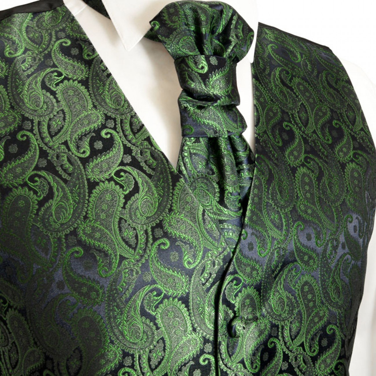 Smaragd grüne Hochzeitsweste paisley mit Plastron Krawatte Einstecktuch und Manschettenknöpfen v14