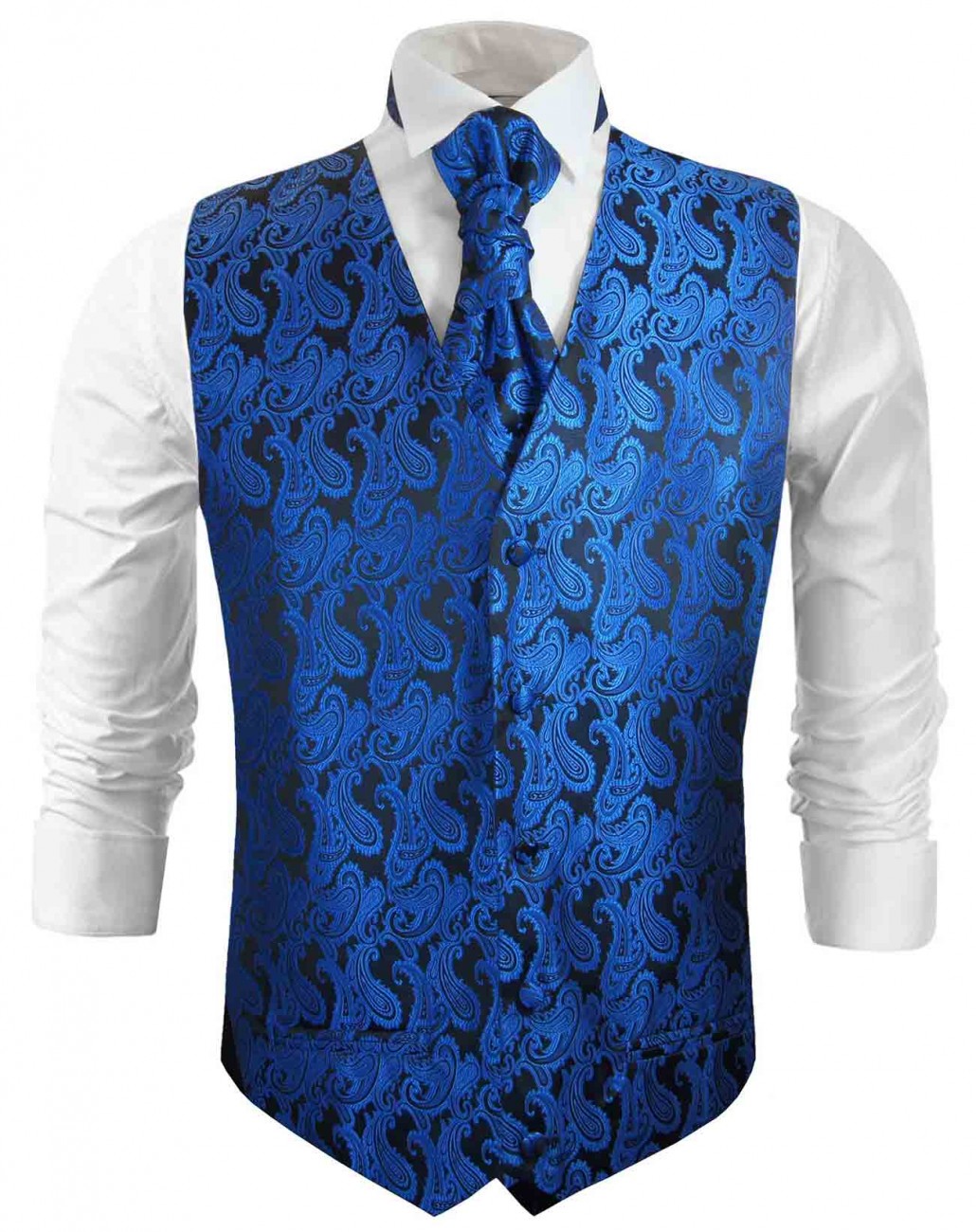 Blaue Hochzeitsweste mit Plastron Krawatte Einstecktuch und Manschettenknöpfen v98