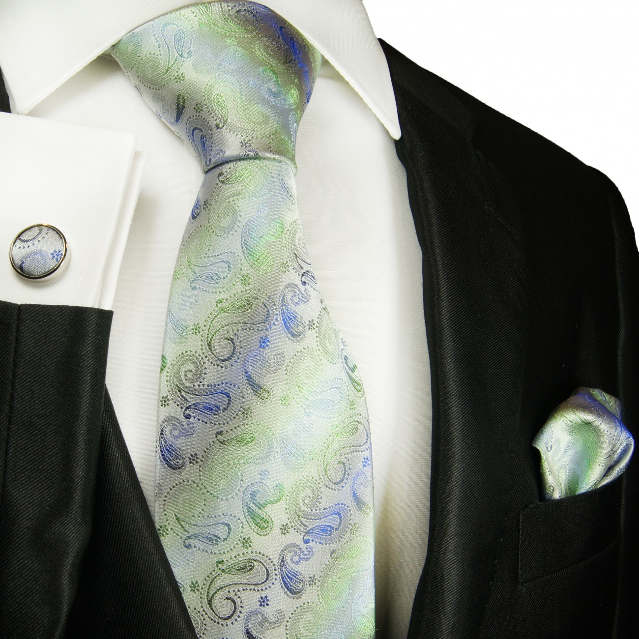 Krawatte grün blau mit Einstecktuch und Manschettenknöpfe paisley 2058