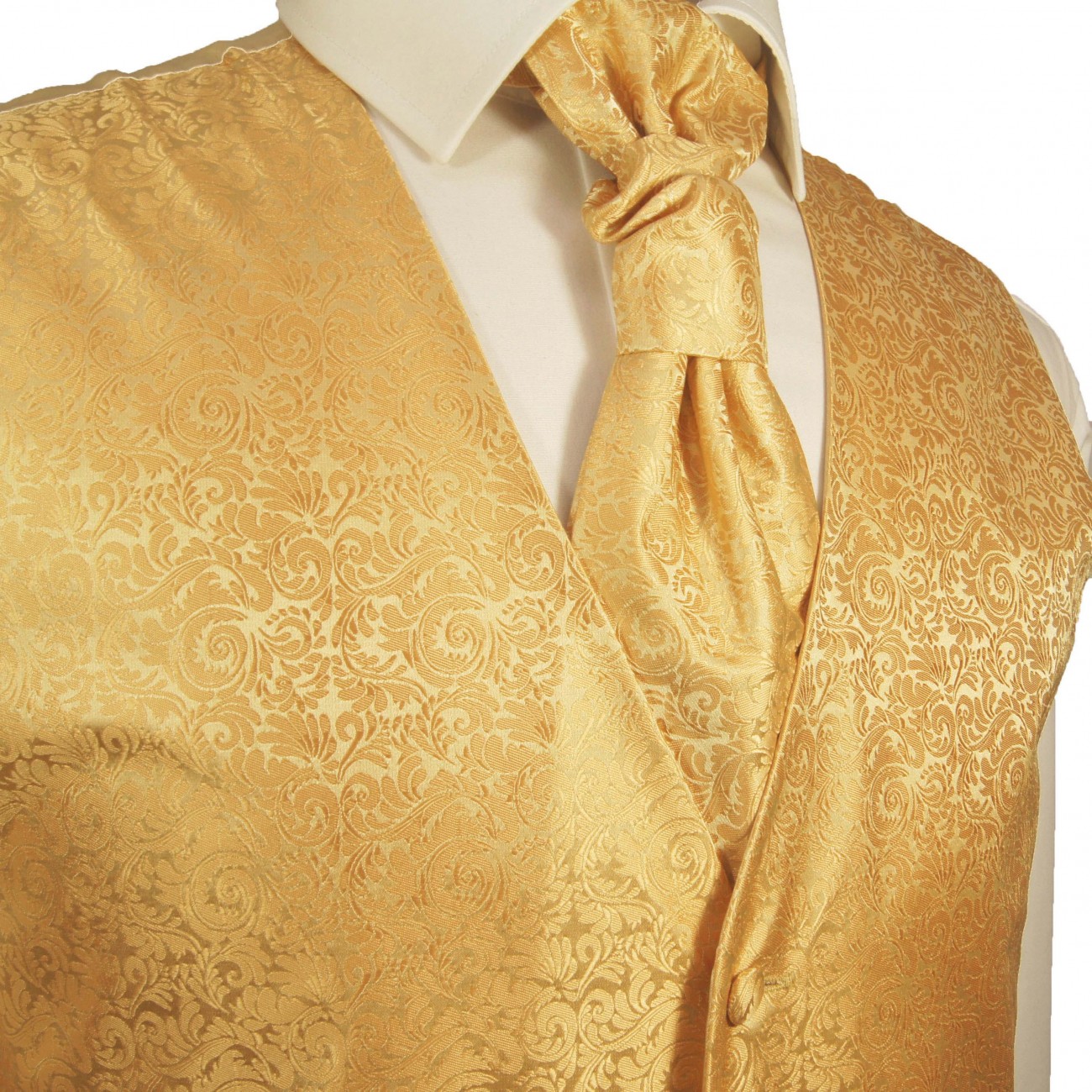 Gold Hochzeitsweste mit Plastron Krawatte Einstecktuch und Manschettenknöpfen v97