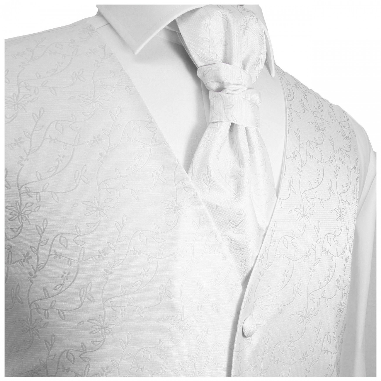 Weisse Hochzeitsweste floral mit Plastron Krawatte Einstecktuch und Manschettenknöpfen v20