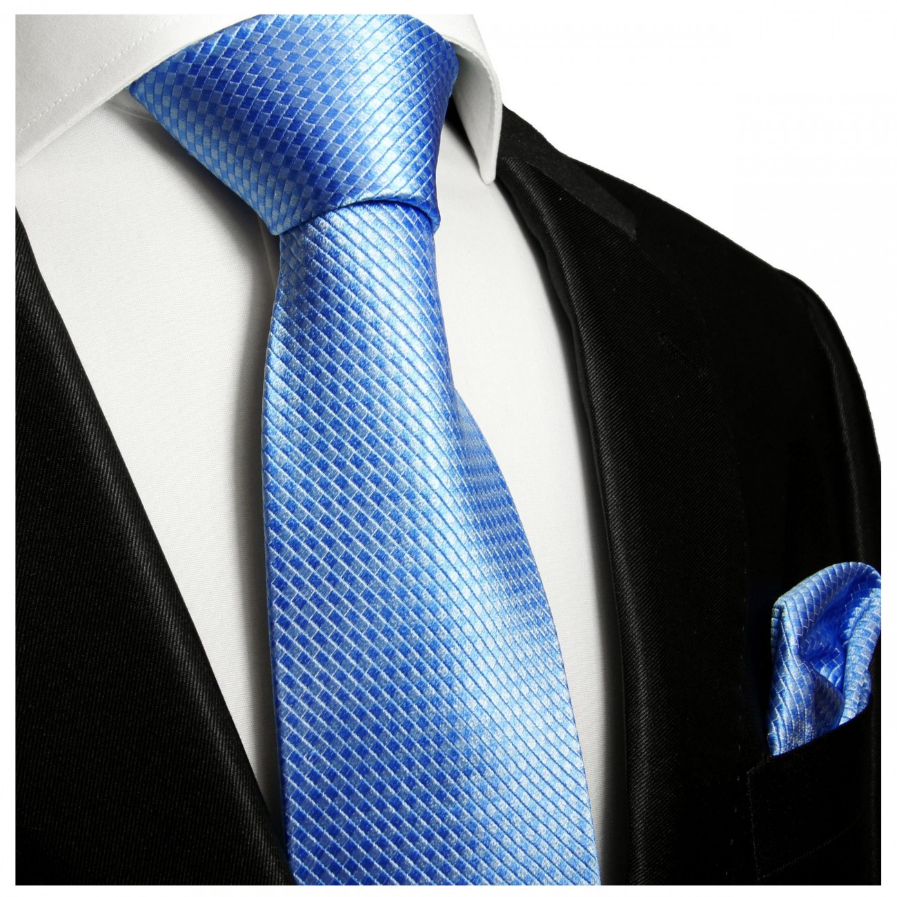 Krawatte blau uni seide mit Einstecktuch 502