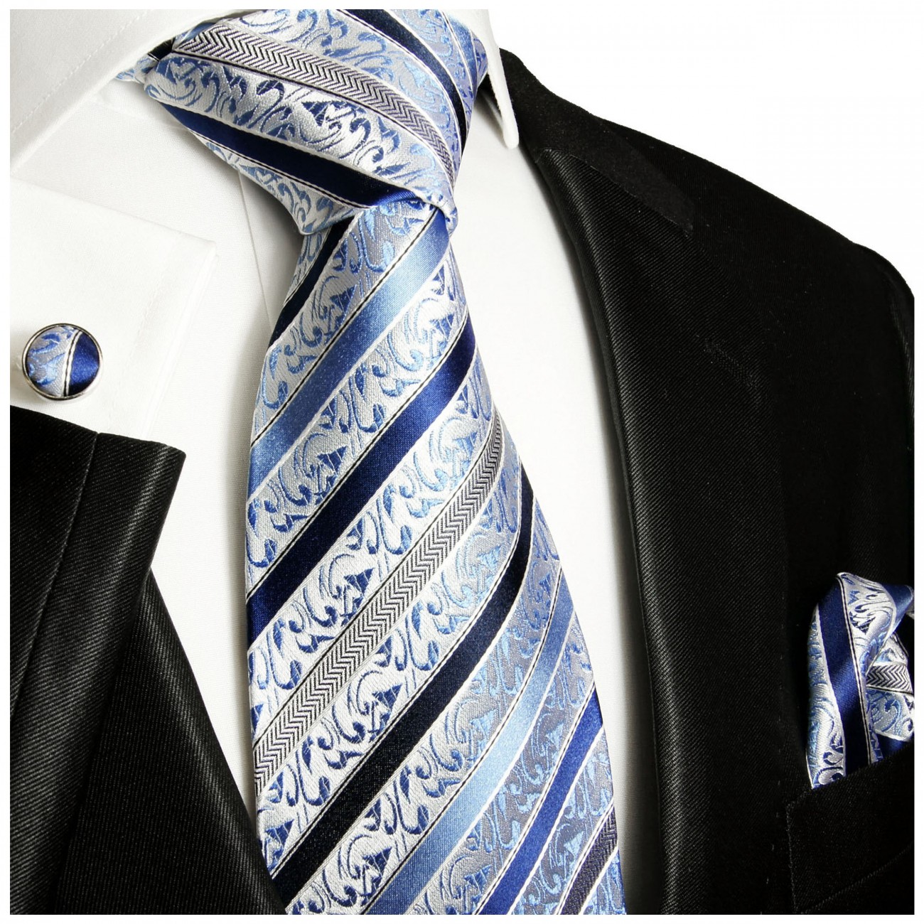Krawatte blau mit Einstecktuch barock gestreift 718