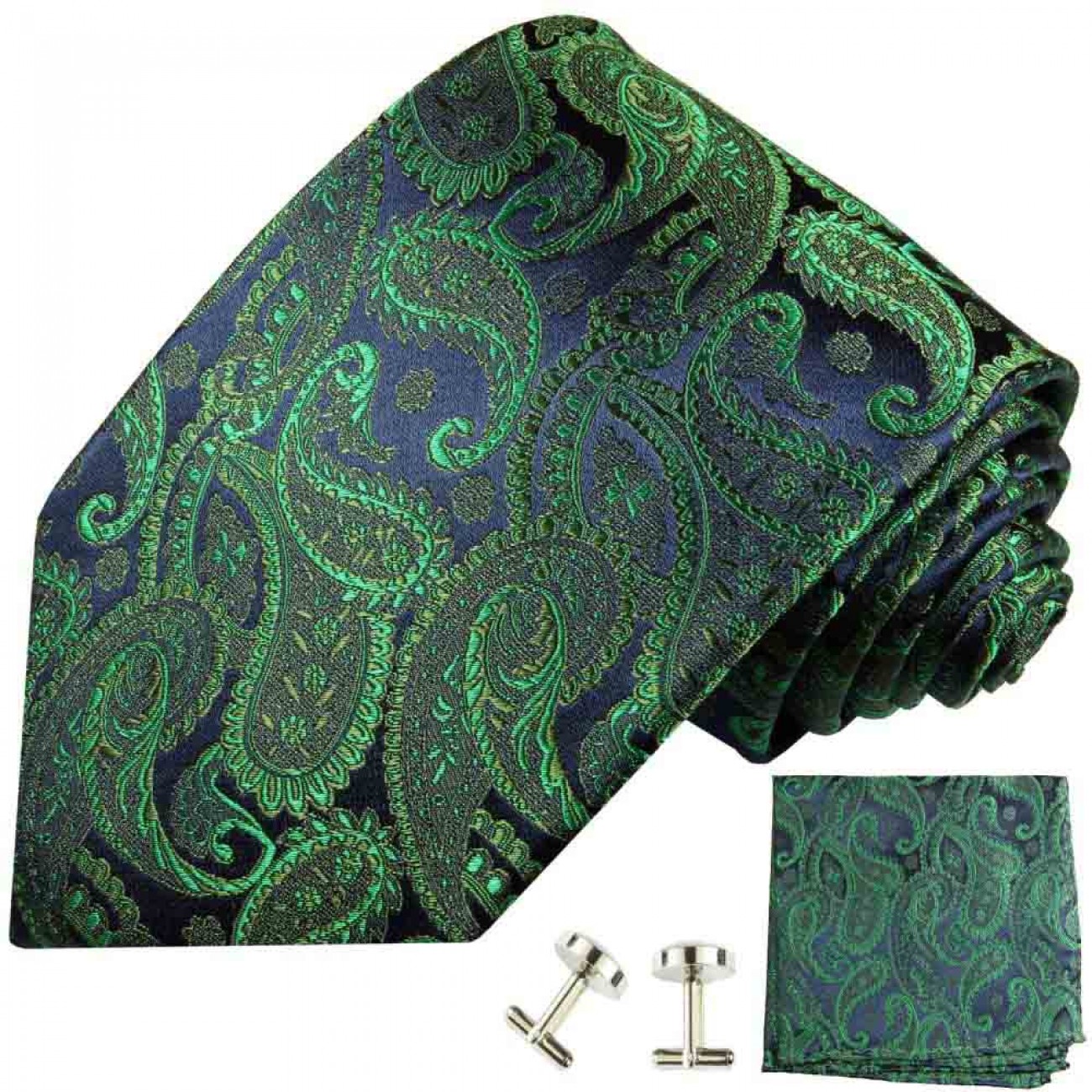 Krawatte grün paisley Seidenkrawatte - Seide - Krawatte mit Einstecktuch und Manschettenknöpfe
