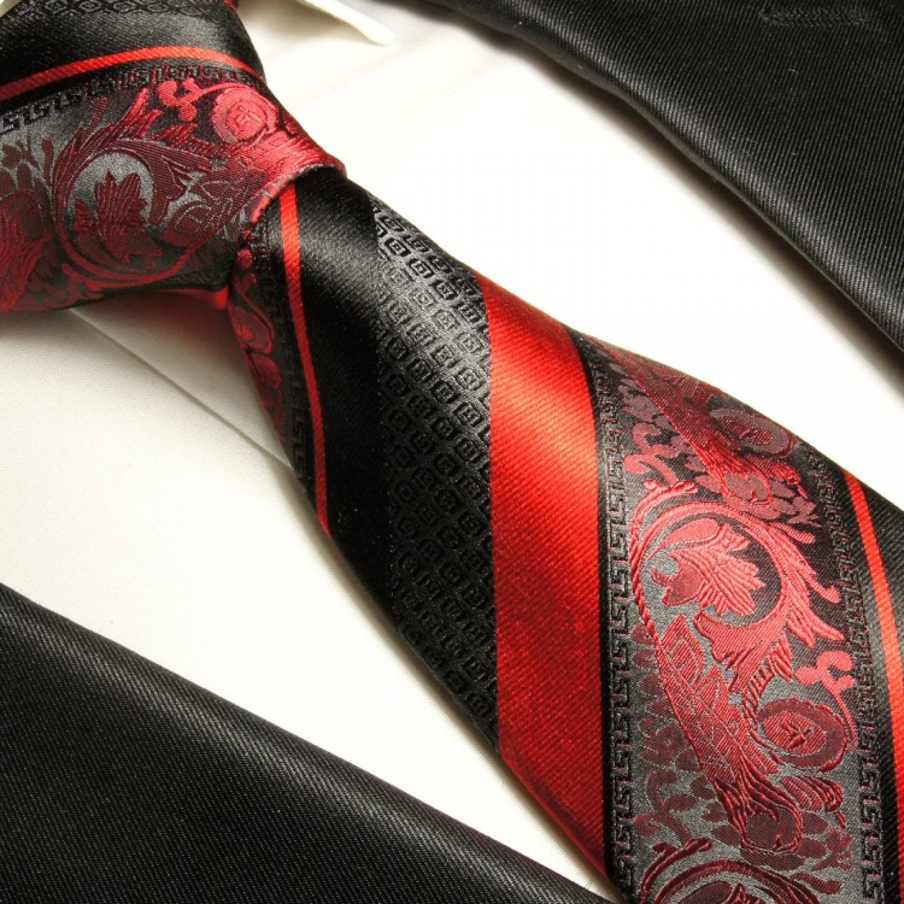 Krawatte rot schwarz barock gestreift Seide