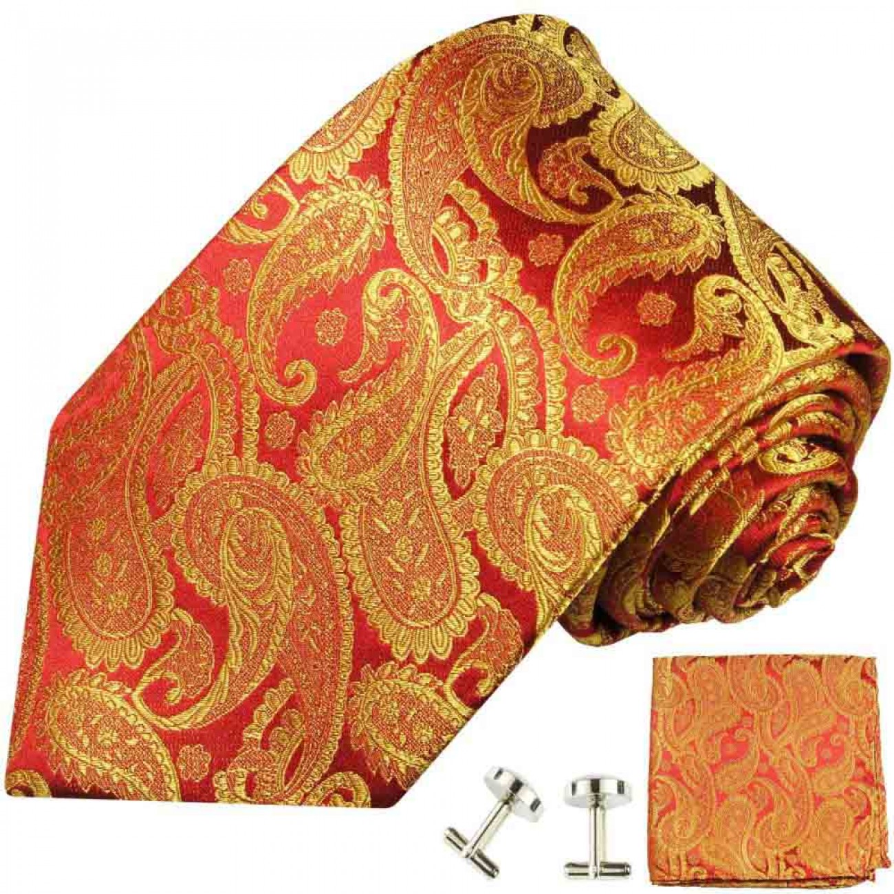 Krawatte rot gold paisley Seidenkrawatte - Seide - Krawatte mit Einstecktuch und Manschettenknöpfe